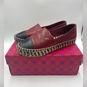 Tory Burch Color Block Leather Espadrille Platform Tuscan Wine Navy Women's SZ 7